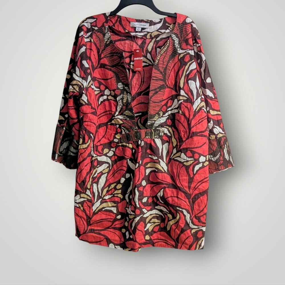 Avenue Red and Black Abstract Linen Women's Top Size 26/28